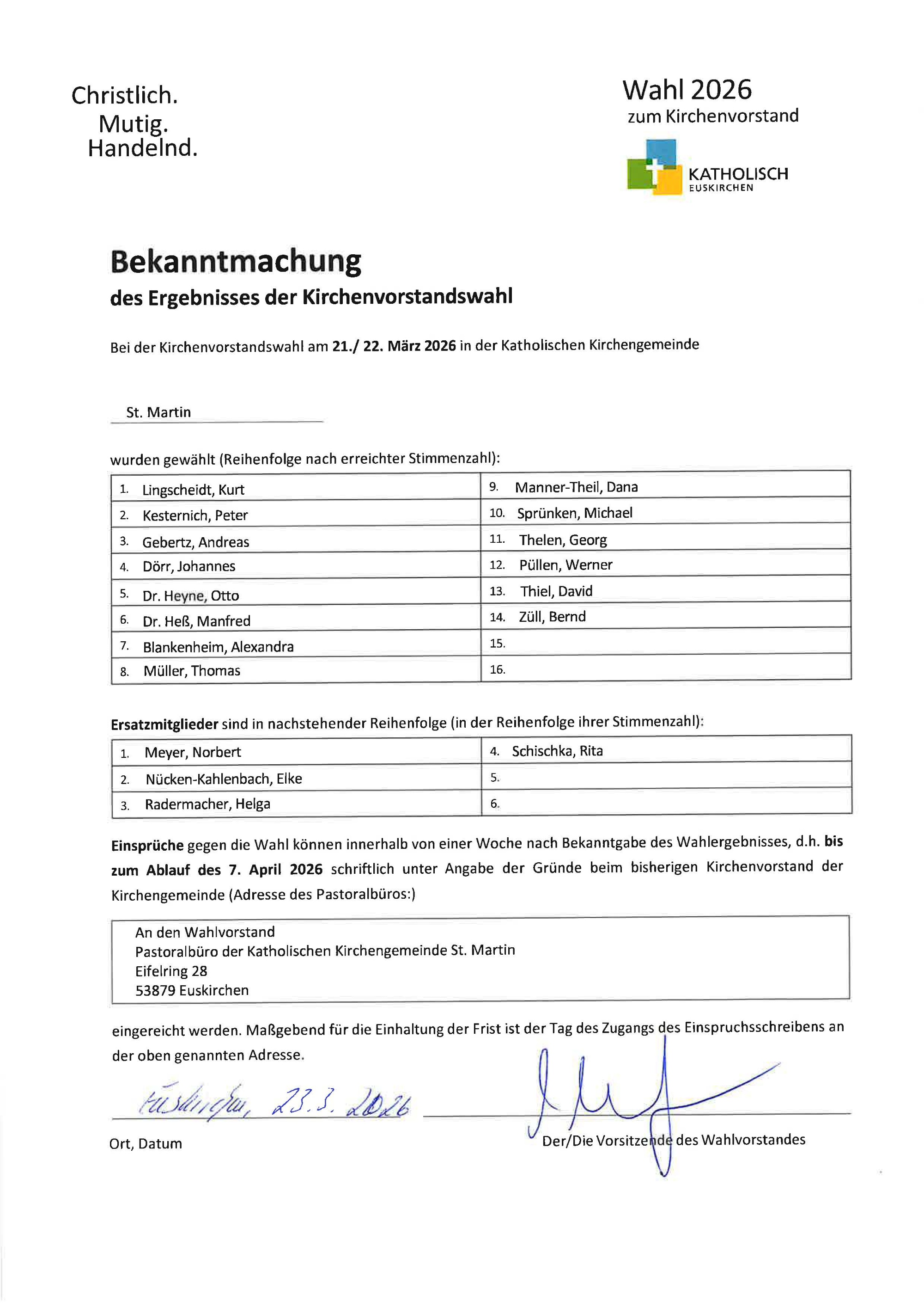 Bekanntmachung des Ergebnisses der Kirchenvorstandswahl