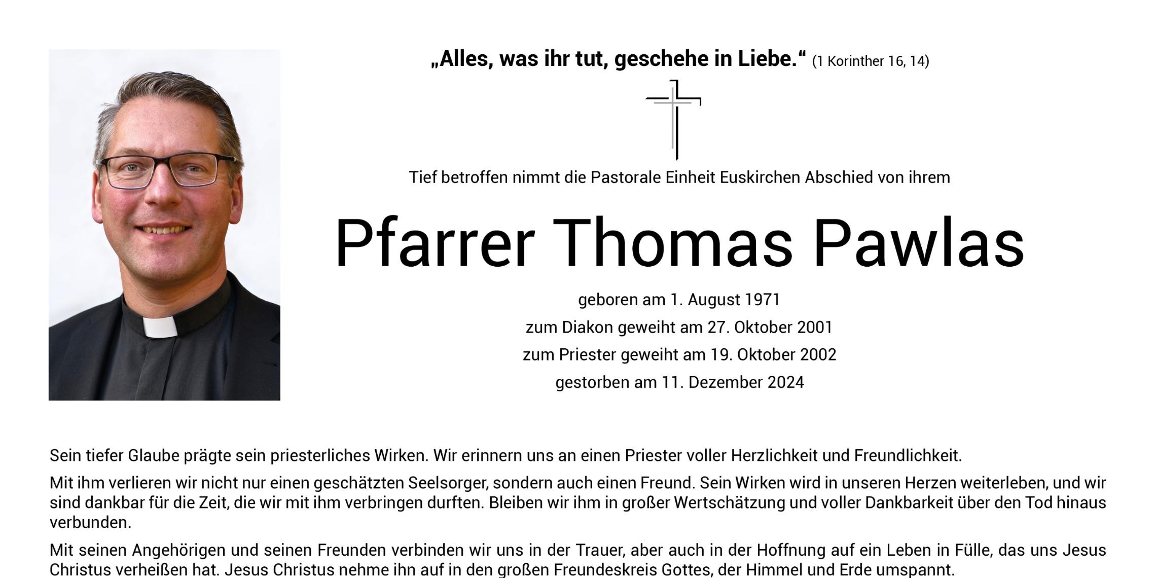 Traueranzeige Pfarrvikar Thomas Pawlas