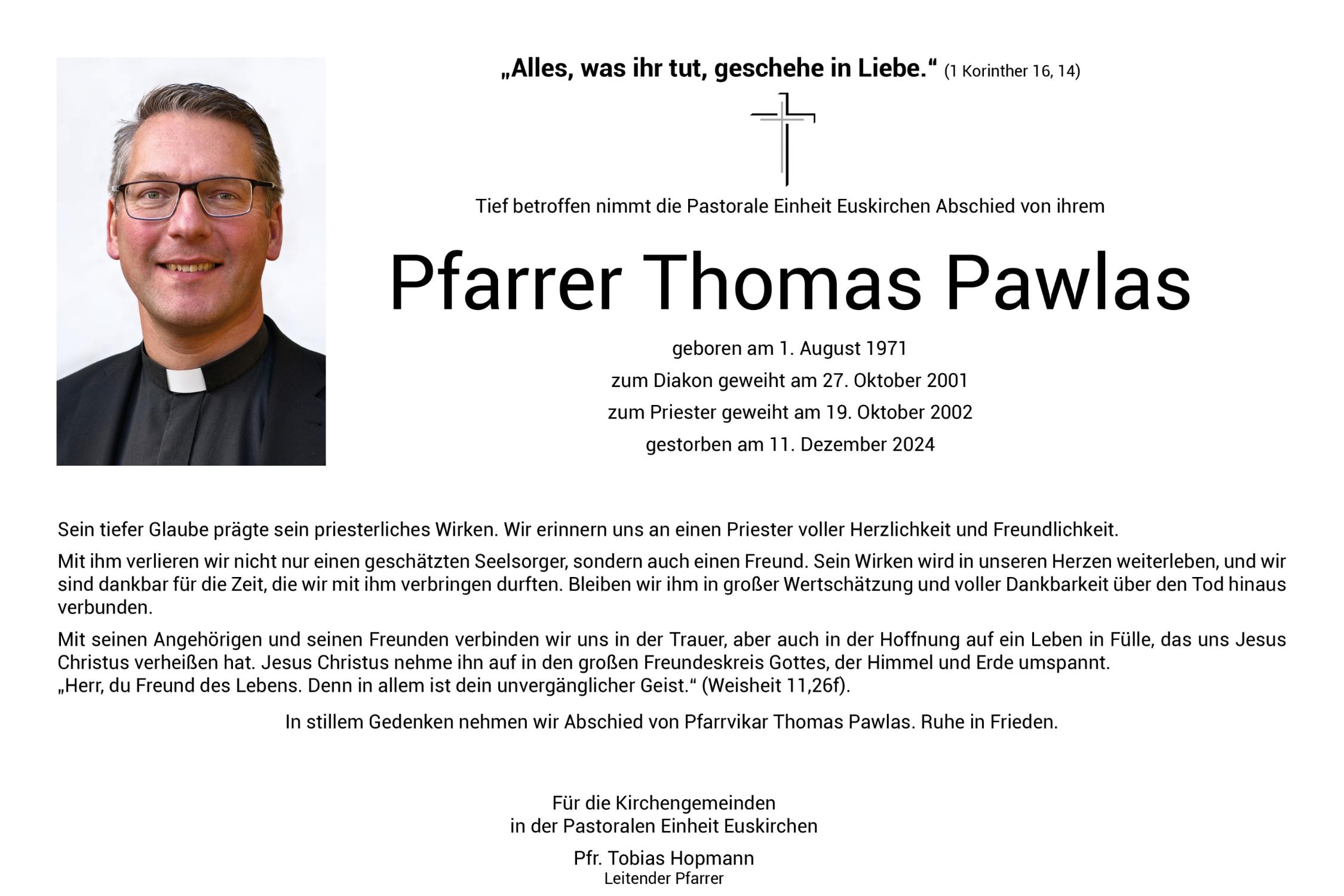 Traueranzeige Pfarrvikar Thomas Pawlas