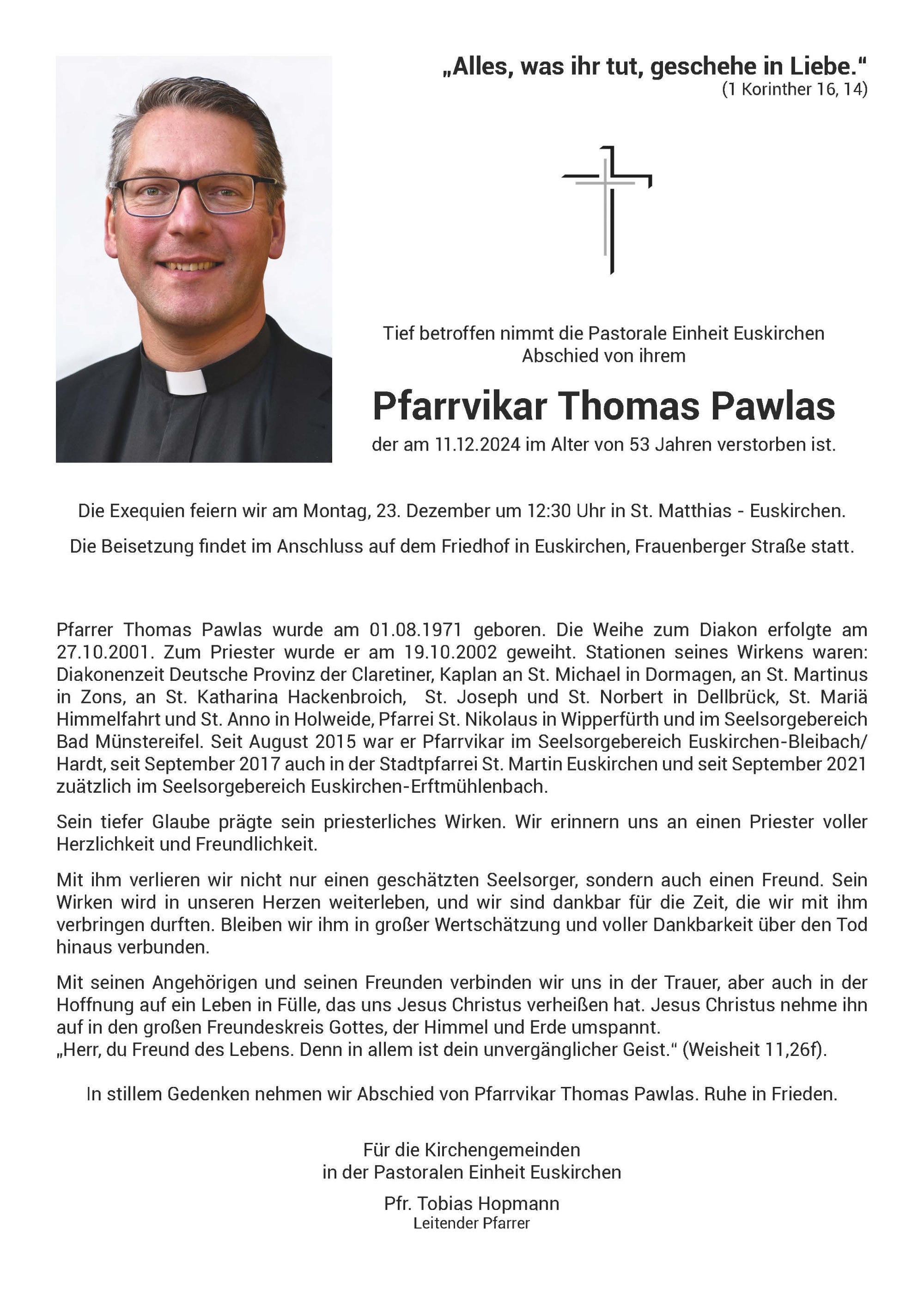 Traueranzeige Pfarrvikar Thomas Pawlas